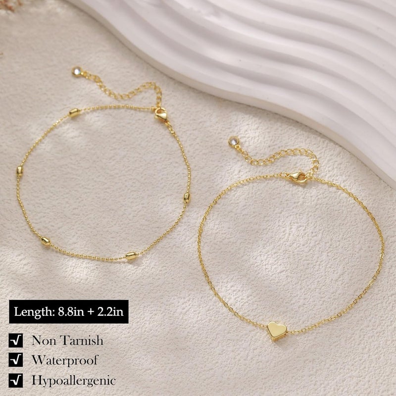 FUNEIA Gold Silver Ankle Bracelets for Women Waterproof 14K Gold Plated Anklets for Women Non Tarnish Dainty Layered Beaded Heart Anklet Set Summer Beach Foot Chain Jewelry Gifts Trendy Stuff - Image 5